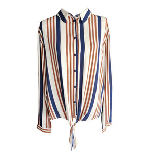 NWT Esqualo Size 10 Striped Tie-Front Button-Up Blouse 100% Viscose Navy Chic